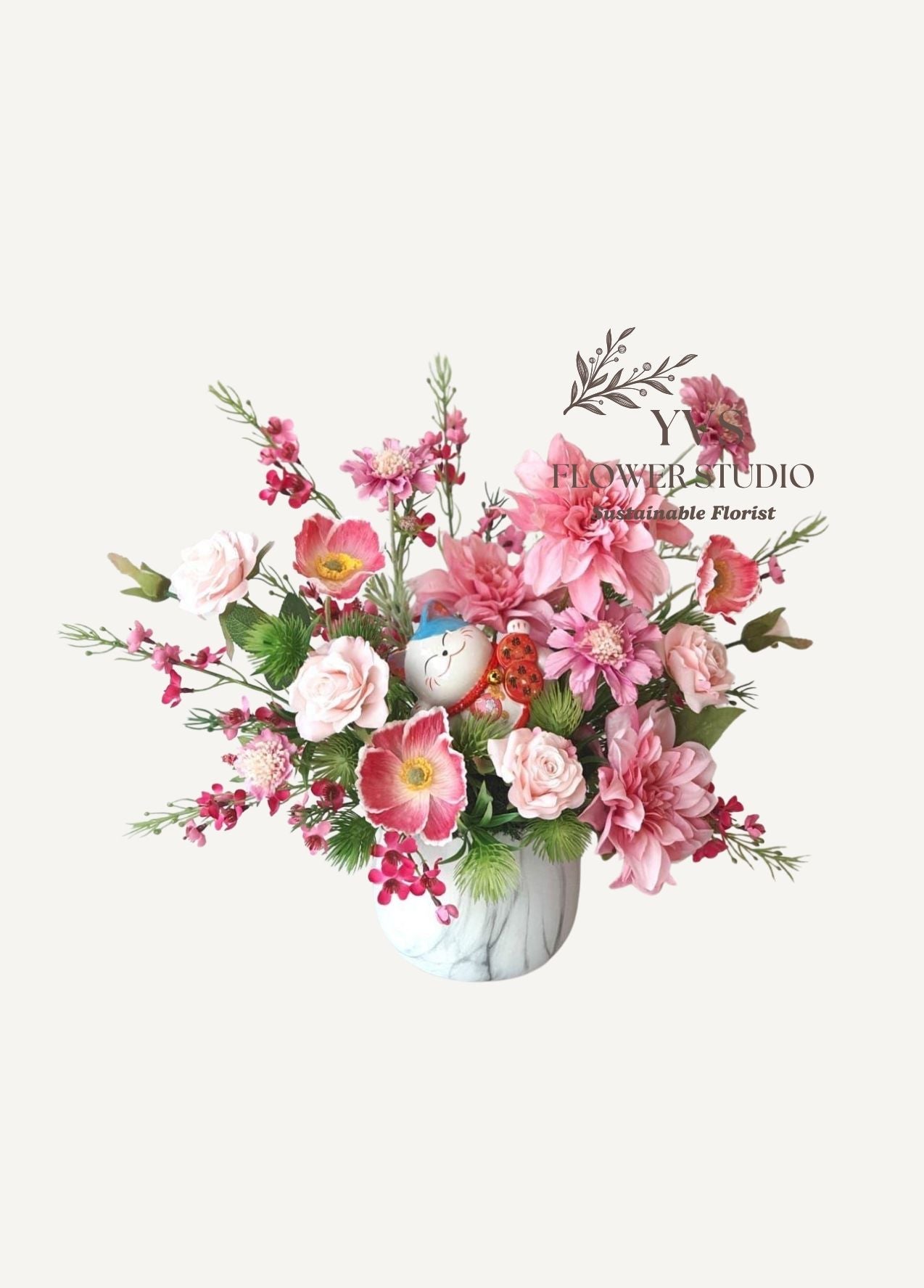 Faux CNY pink theme flowers table arrangement with fortune cat