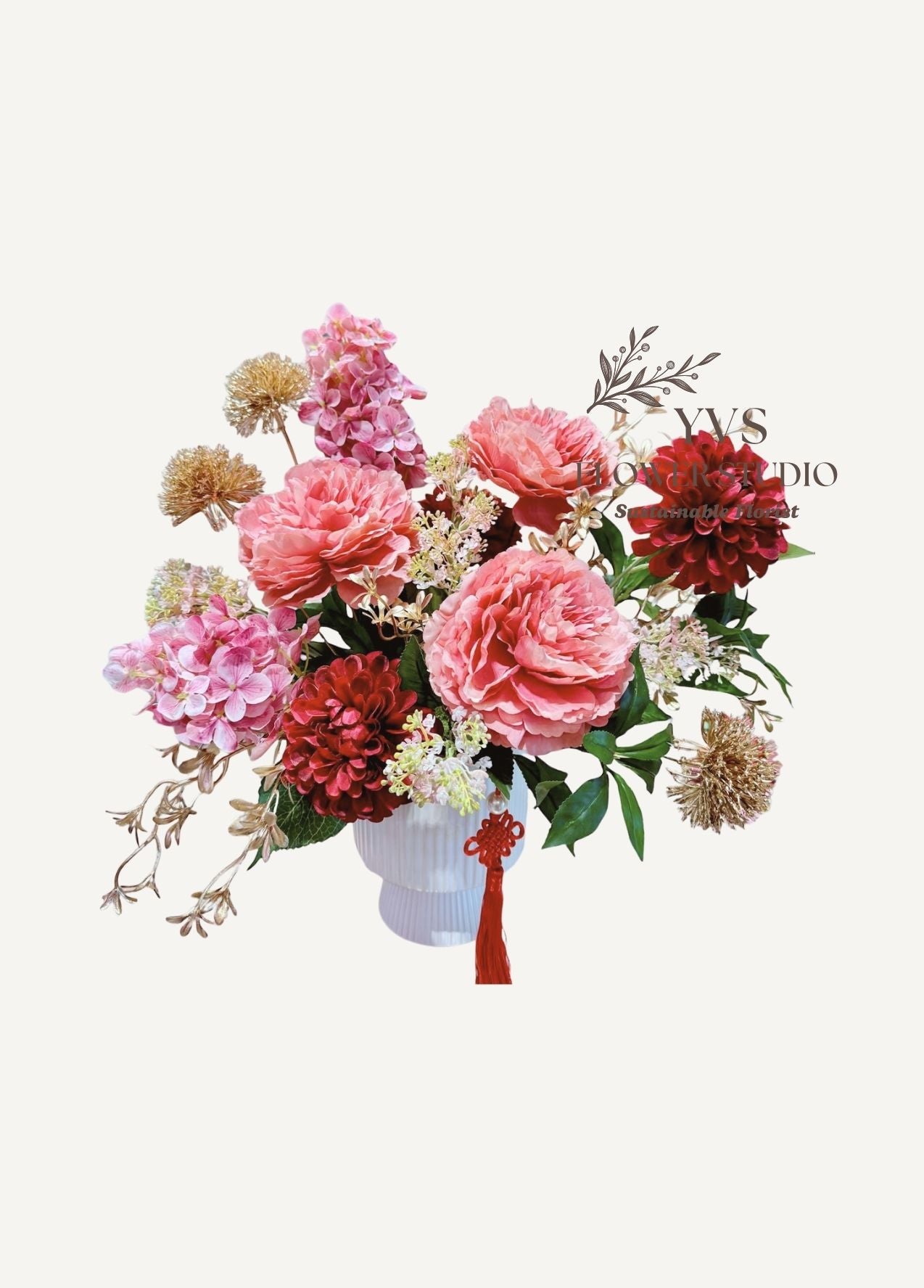 Chinese Lunar New Year white vase arrangement with pink and red flowers