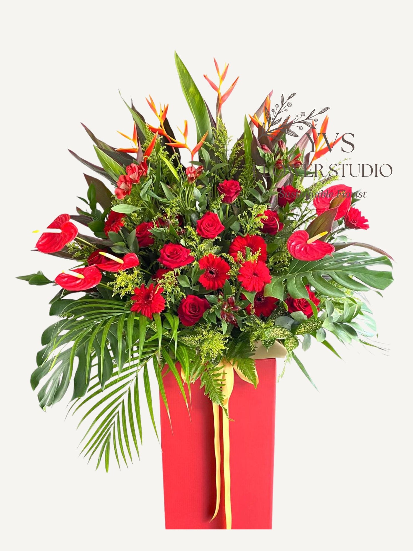 Grandeur Congratulatory Fresh Flowers Stand with premium mixed of red flowers