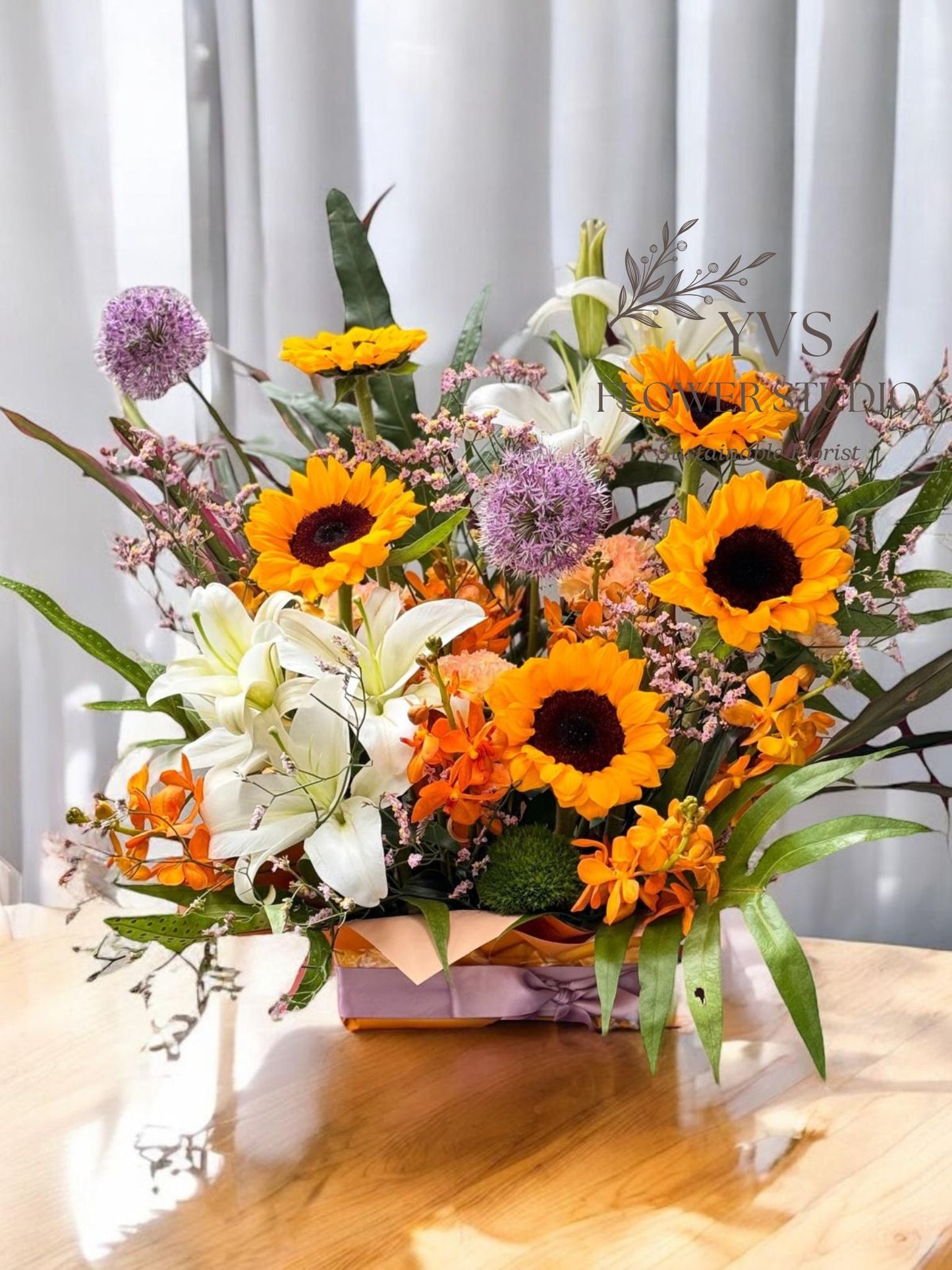 Jubilee Congratulatory Flowers with white lilies and sunflowers