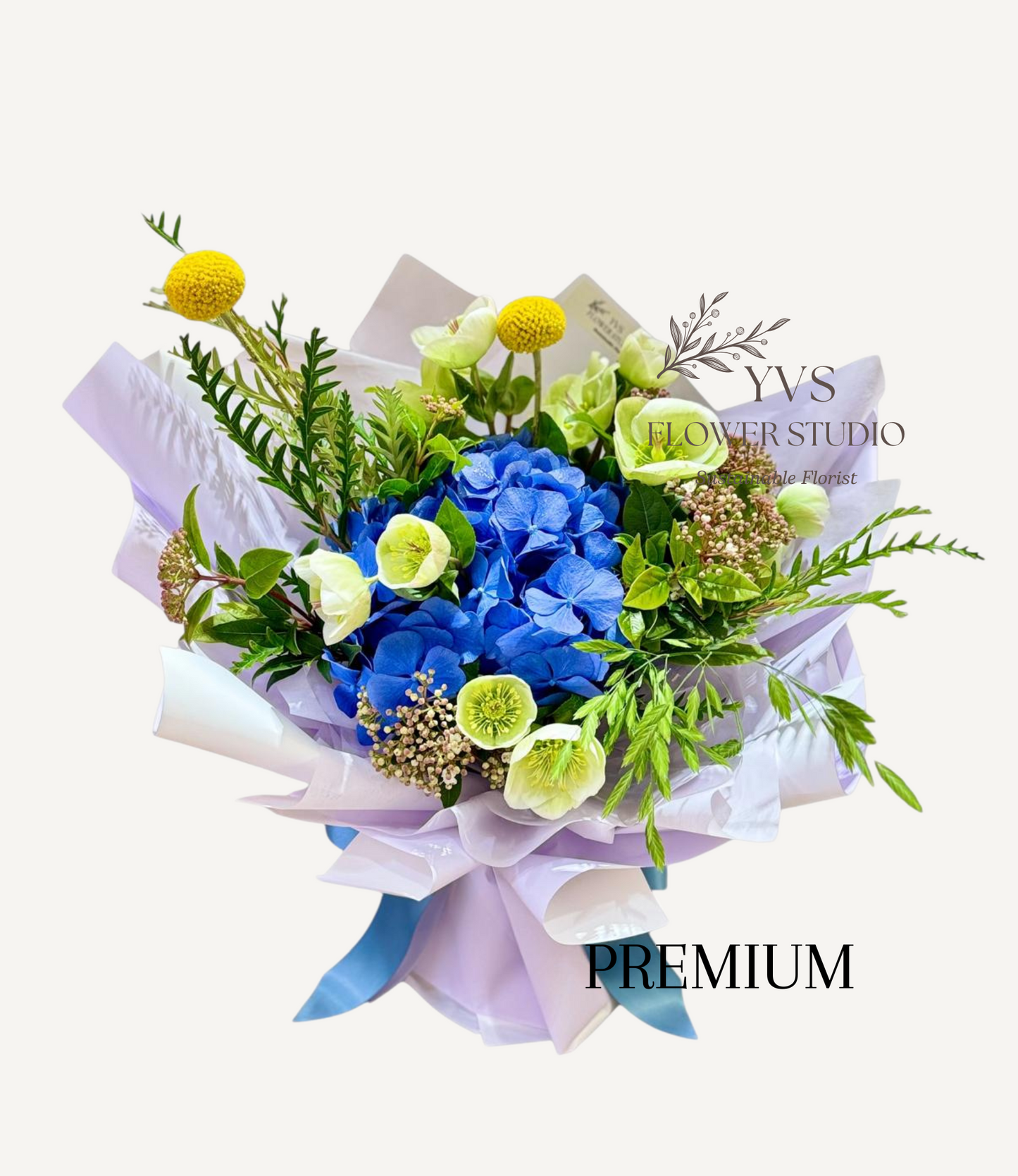Fresh blue hydrangea bouquet with mixed flowers premium size