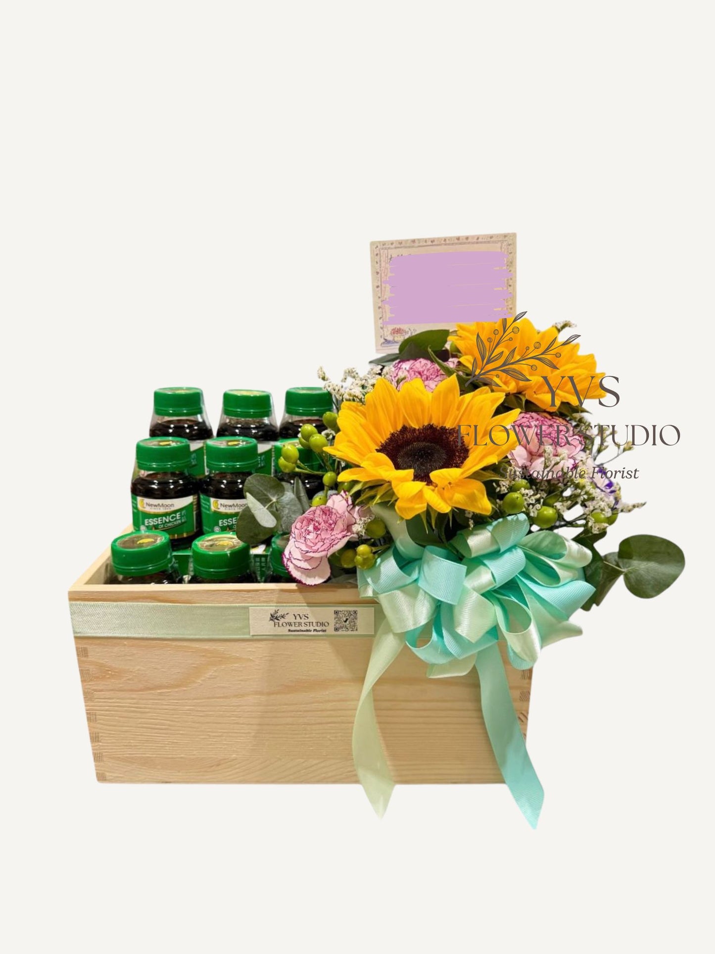 Chicken essence and fresh flowers wooden box hamper