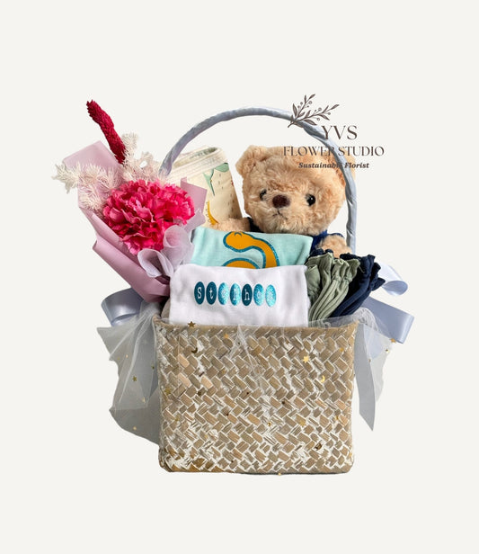 New Baby Shower Gift Basket with customized name close up