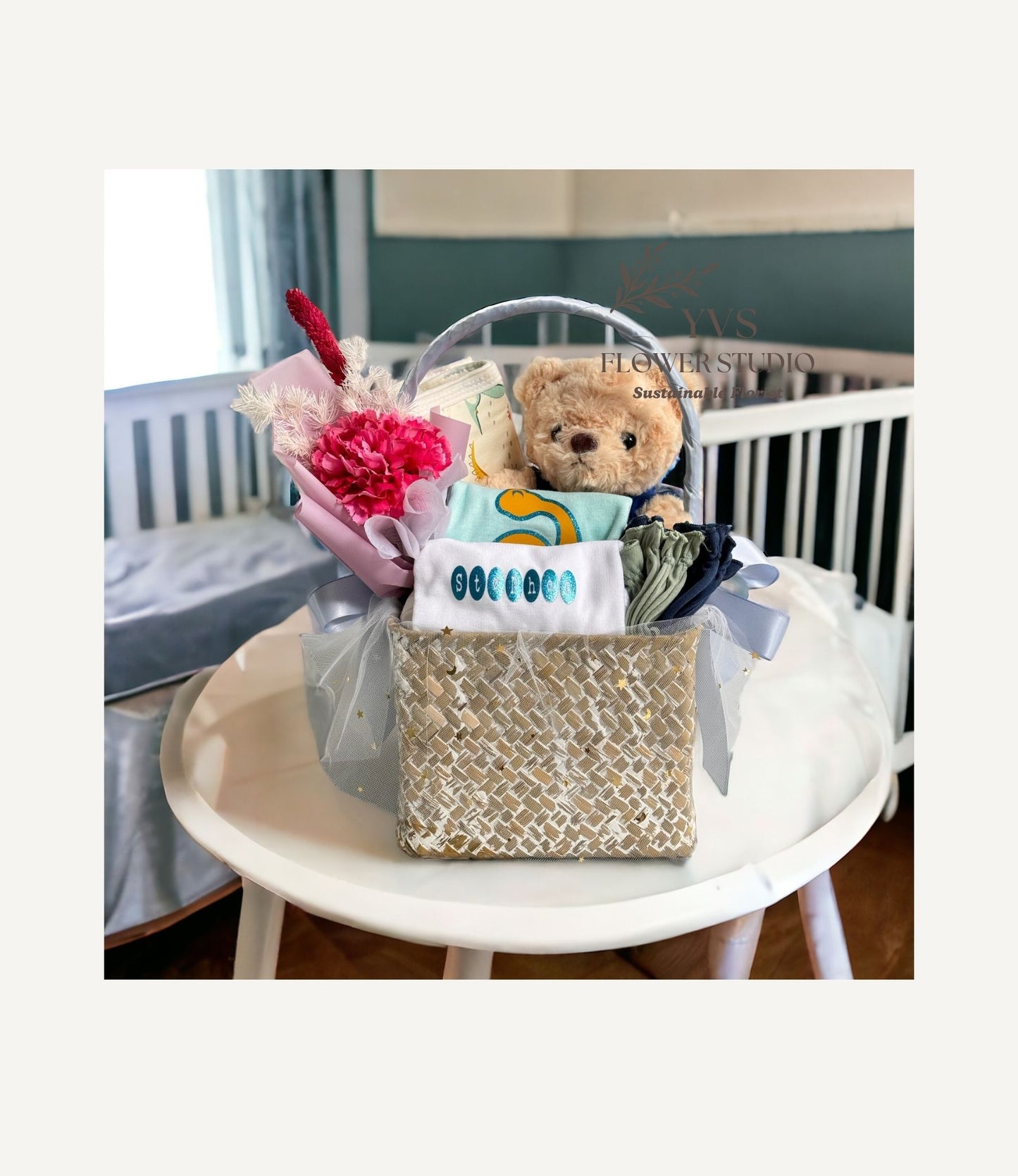 New Baby Shower Gift Basket with customized name in nursery 