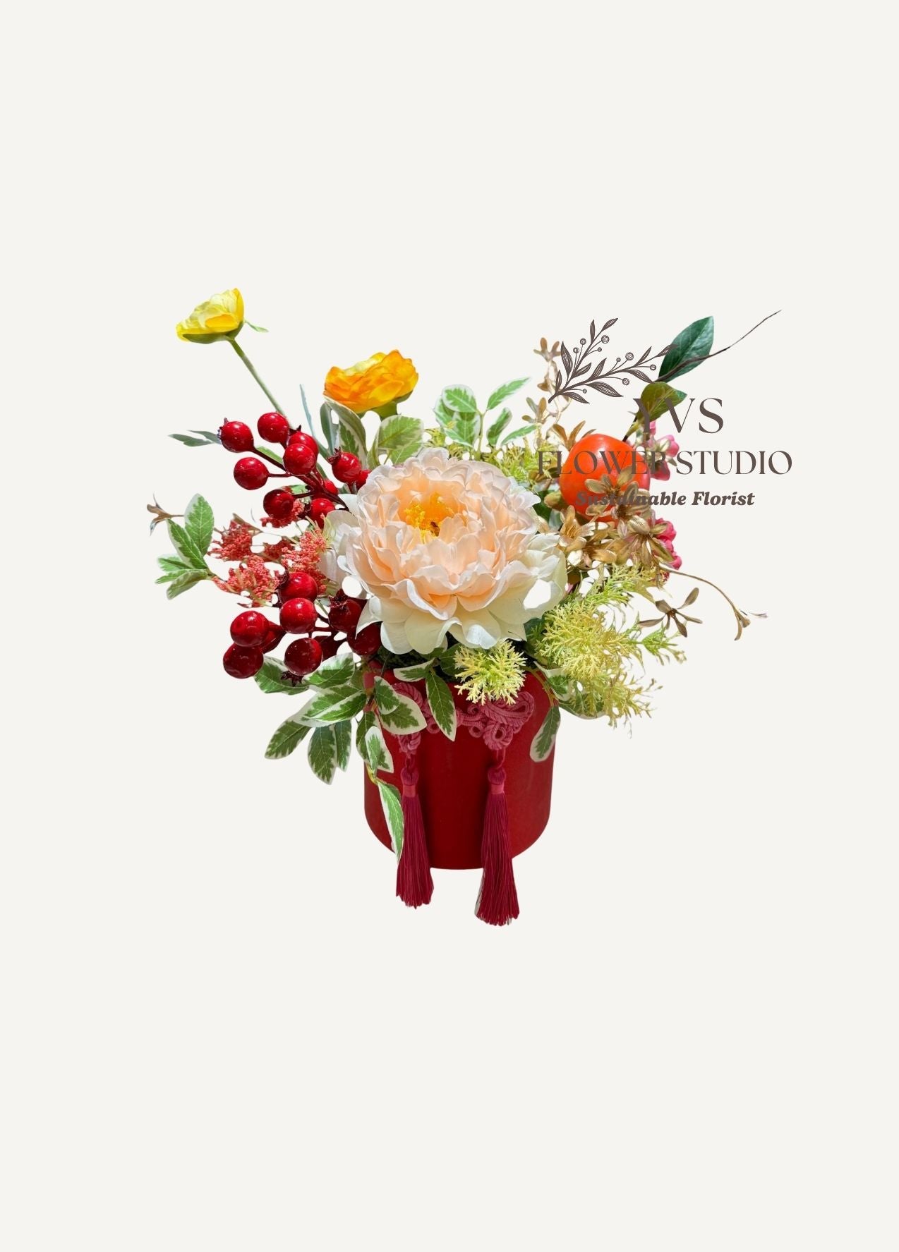 Small Lunar New Year artificial peach theme flower arrangement in red bloom box