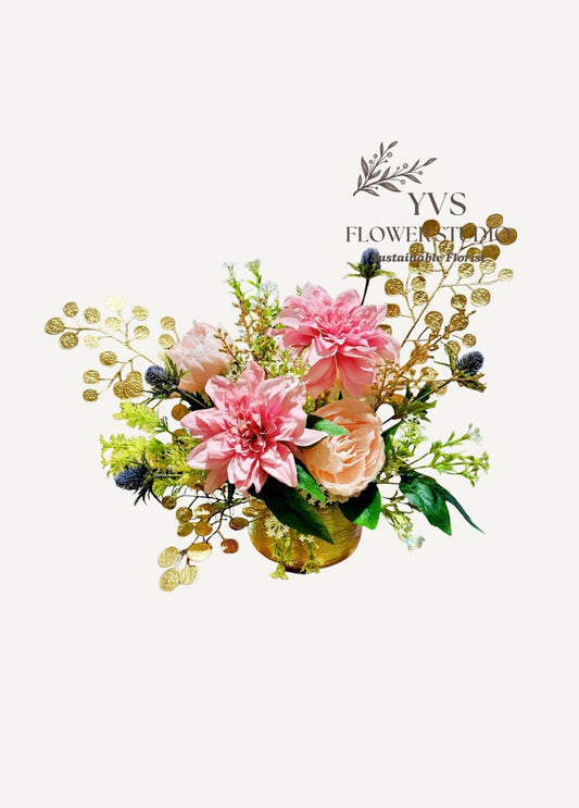 Chinese Lunar New Year faux flowers arrangement with peach roses, pink dahlia and gold coins branches.