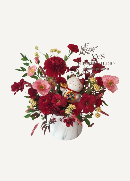 Faux CNY red theme flowers table arrangement with fortune cat