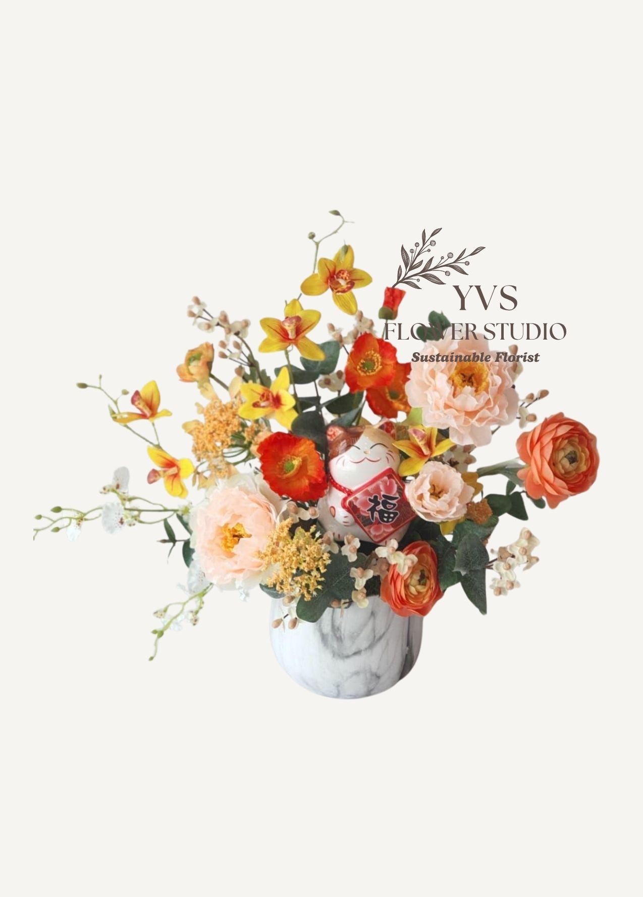 Faux CNY yellow theme flowers table arrangement with fortune cat