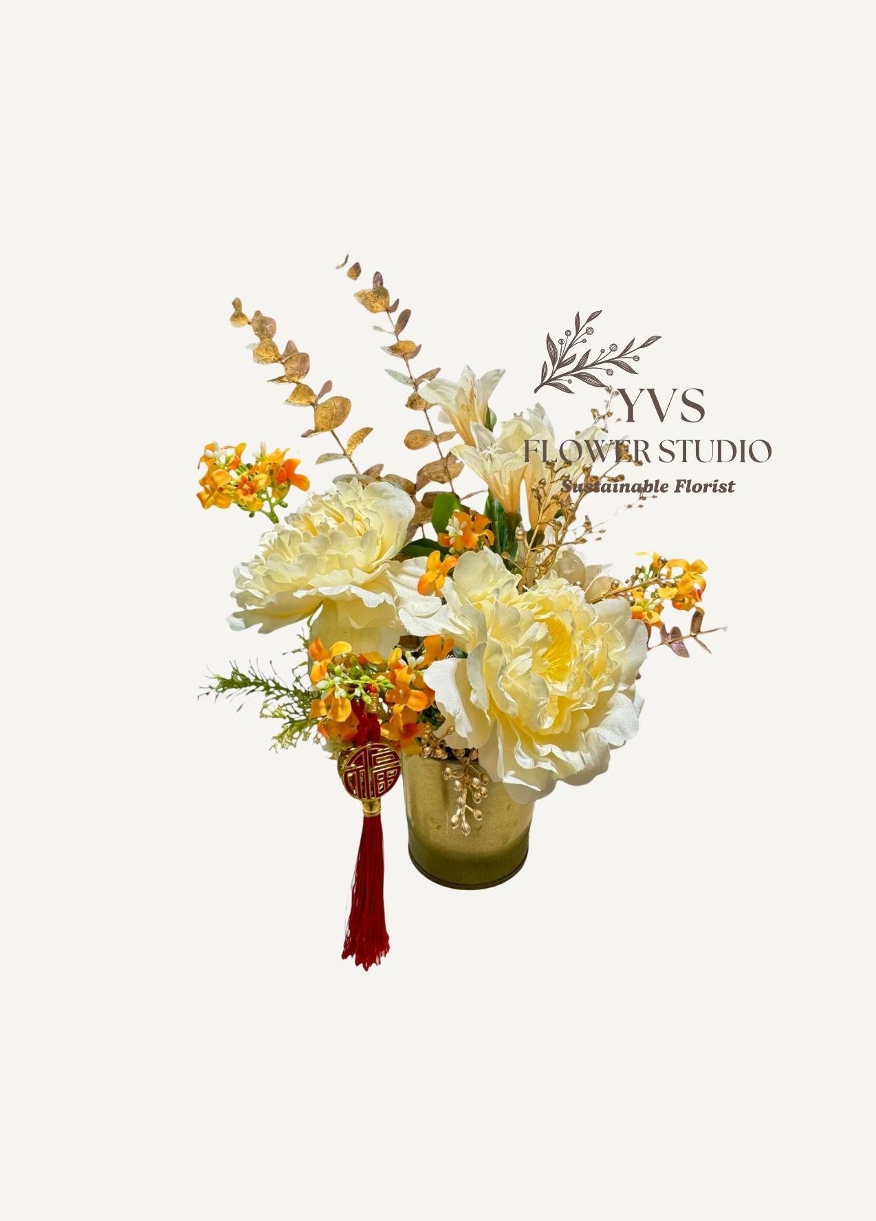 Small Lunar New Year artificial yellowtheme flower arrangement in gold colour pot