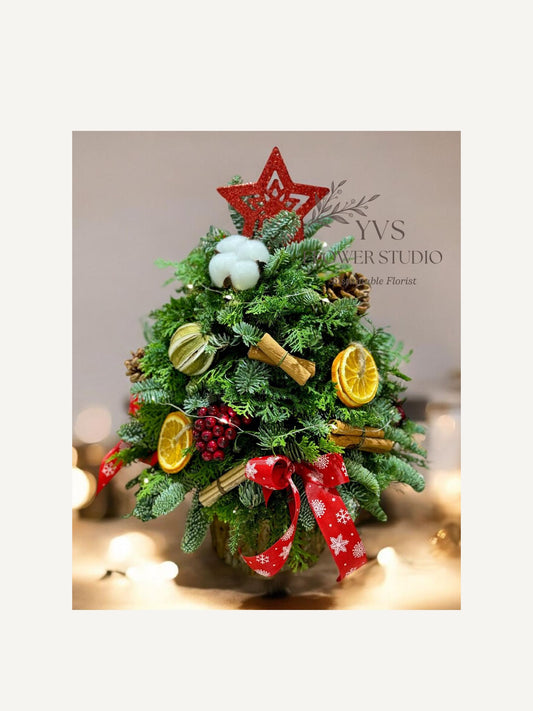 Customized Table Top Fresh Christmas Tree with natural rustic decorations