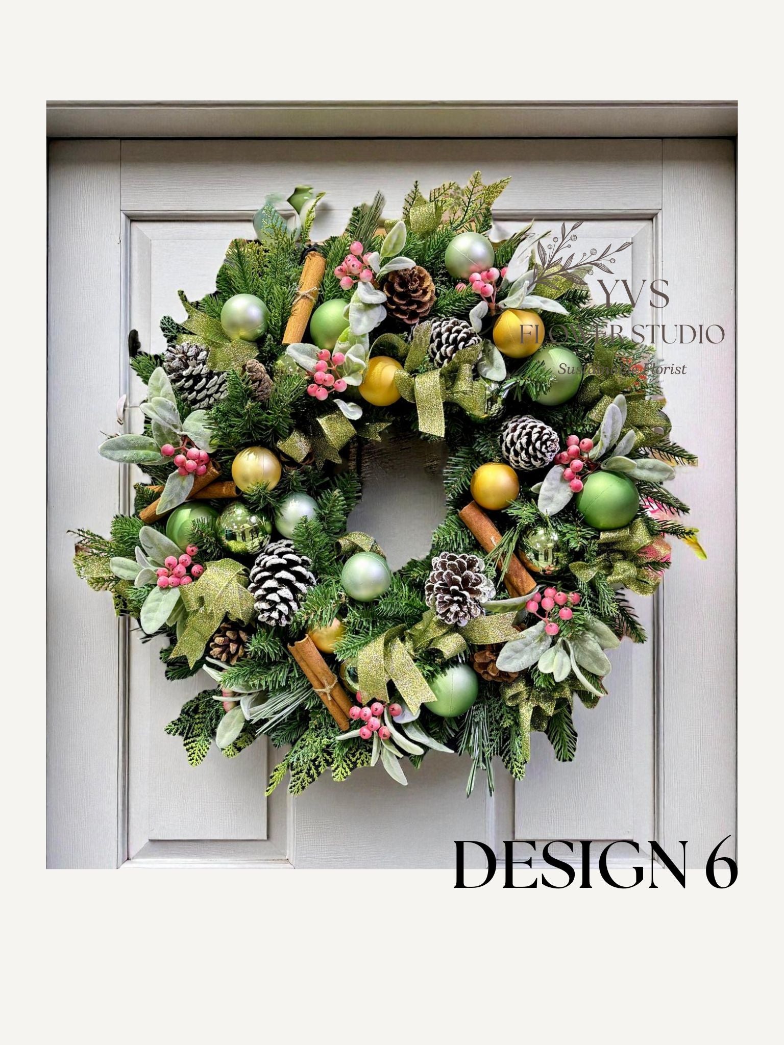 Faux Christmas wreath with pink and green decorations