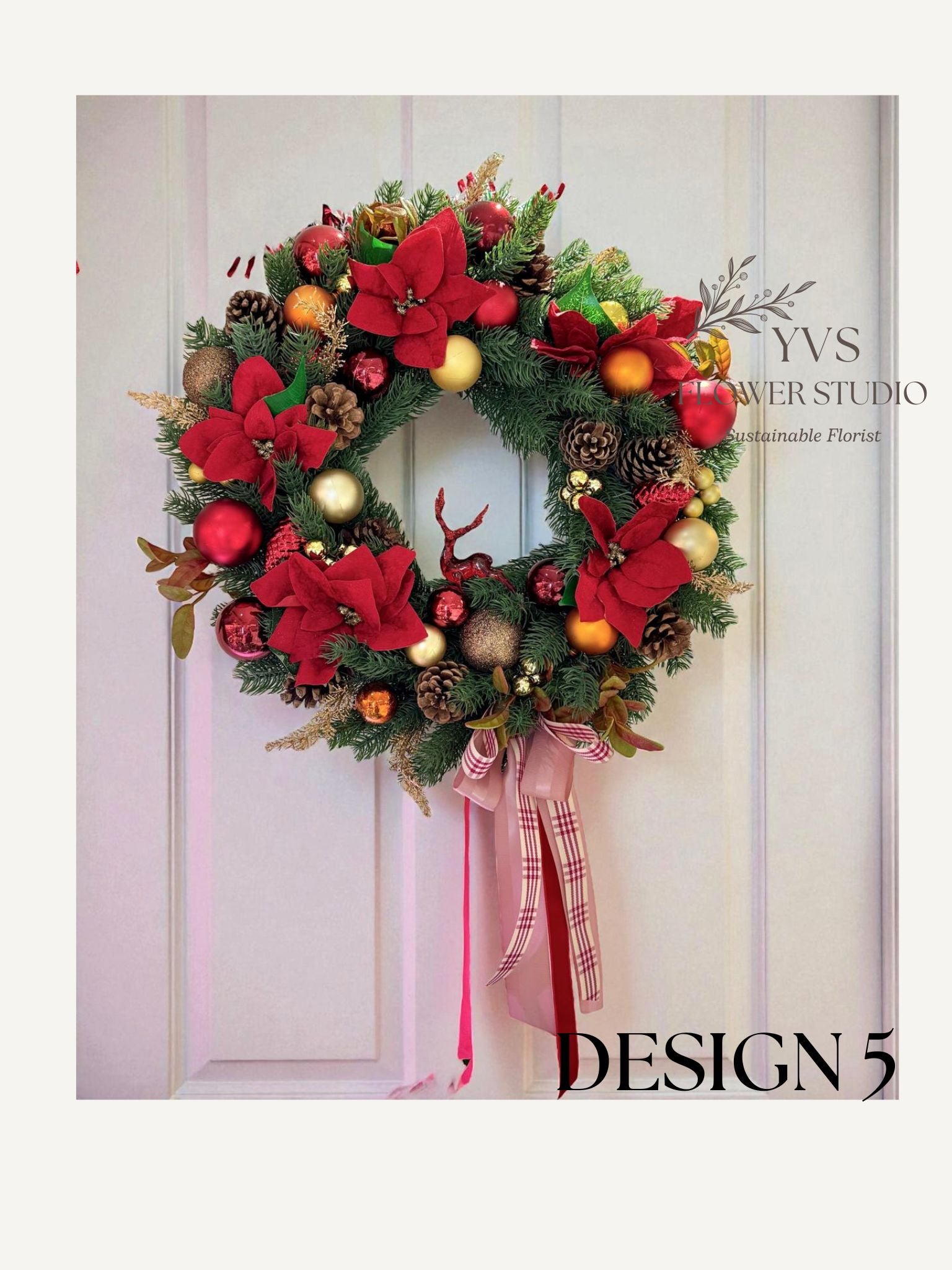 Faux Christmas wreath with red and gold decorations
