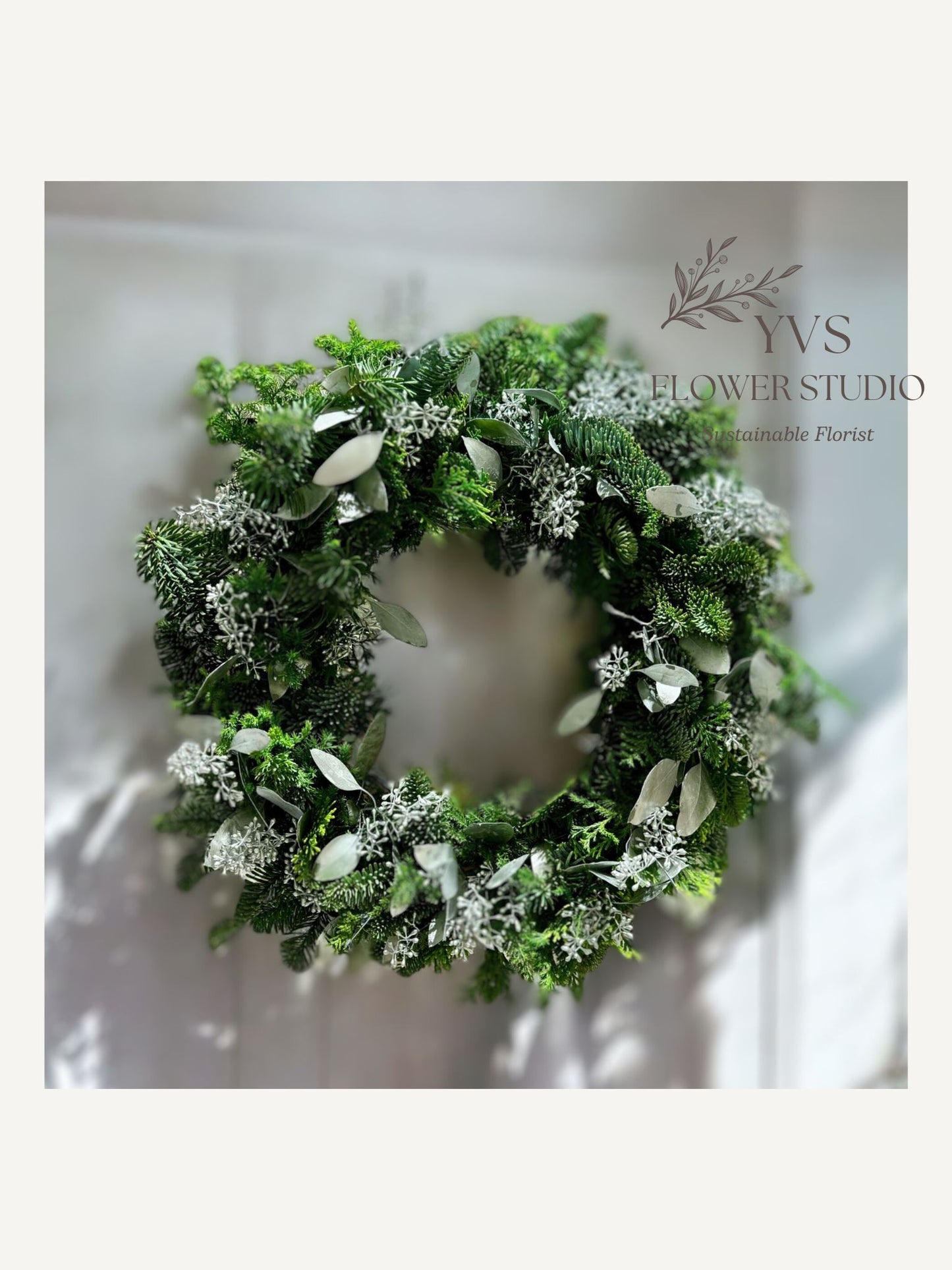 Fresh Customized Christmas Wreath with green and silver foliage, undecorated