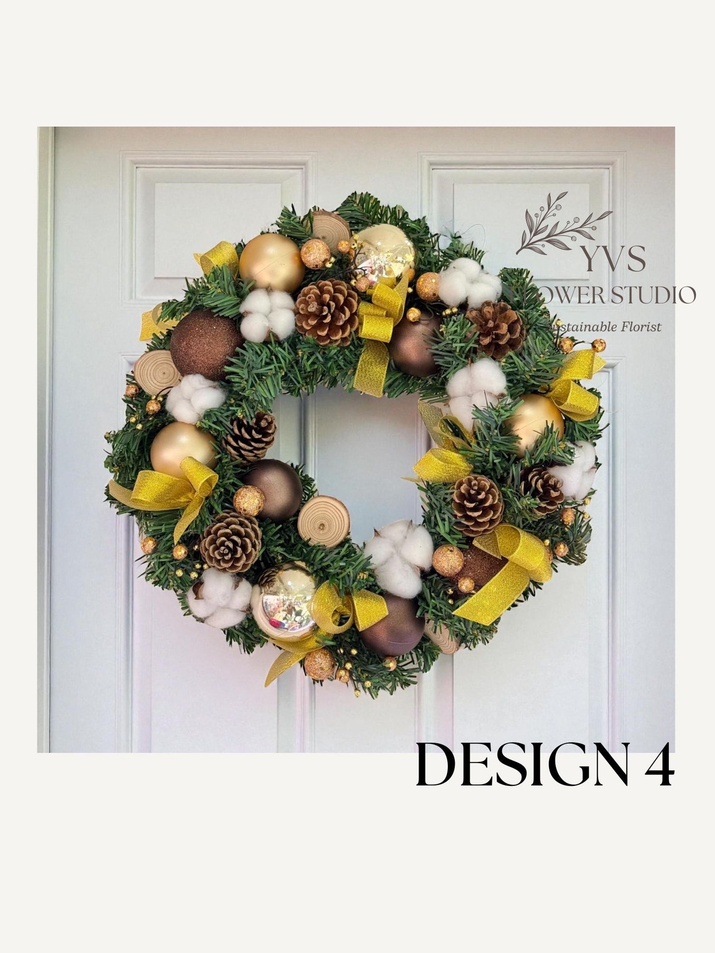 Faux Christmas wreath with brown and gold decorations