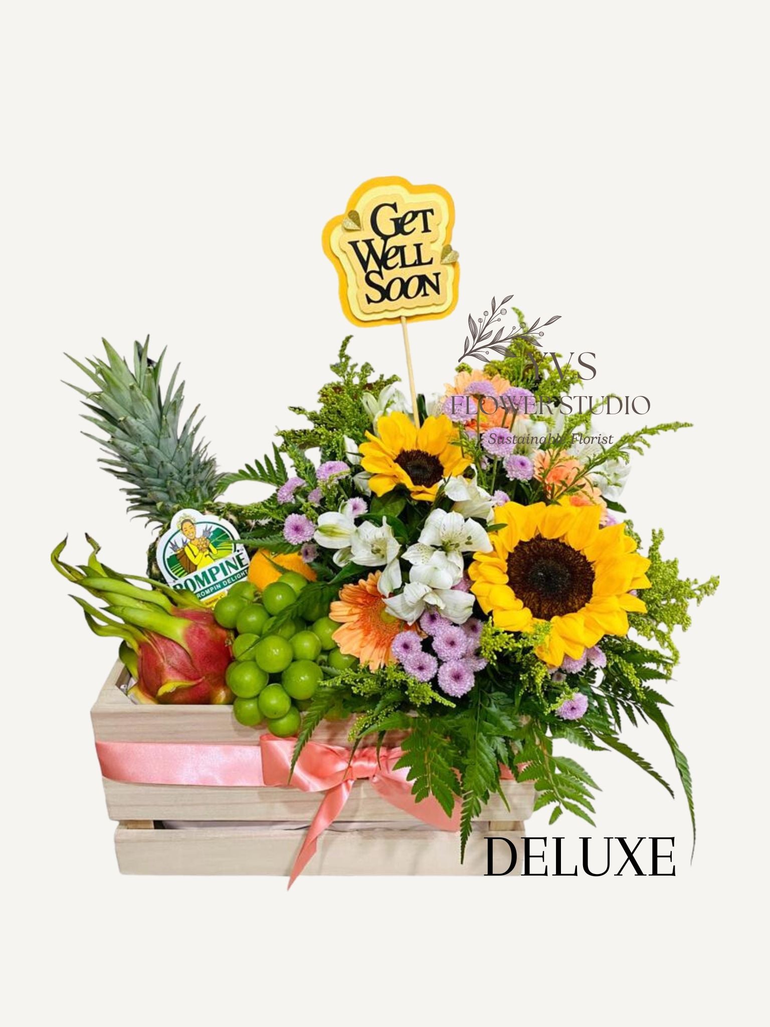 Deluxe Get well soon hamper with fruits and fresh flowers