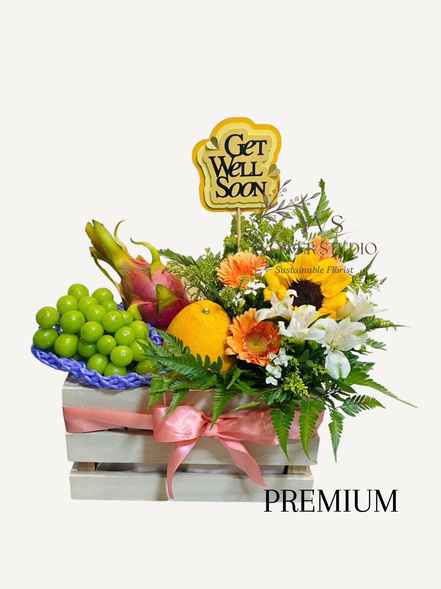 Premium Get well soon hamper with fruits and fresh flowers