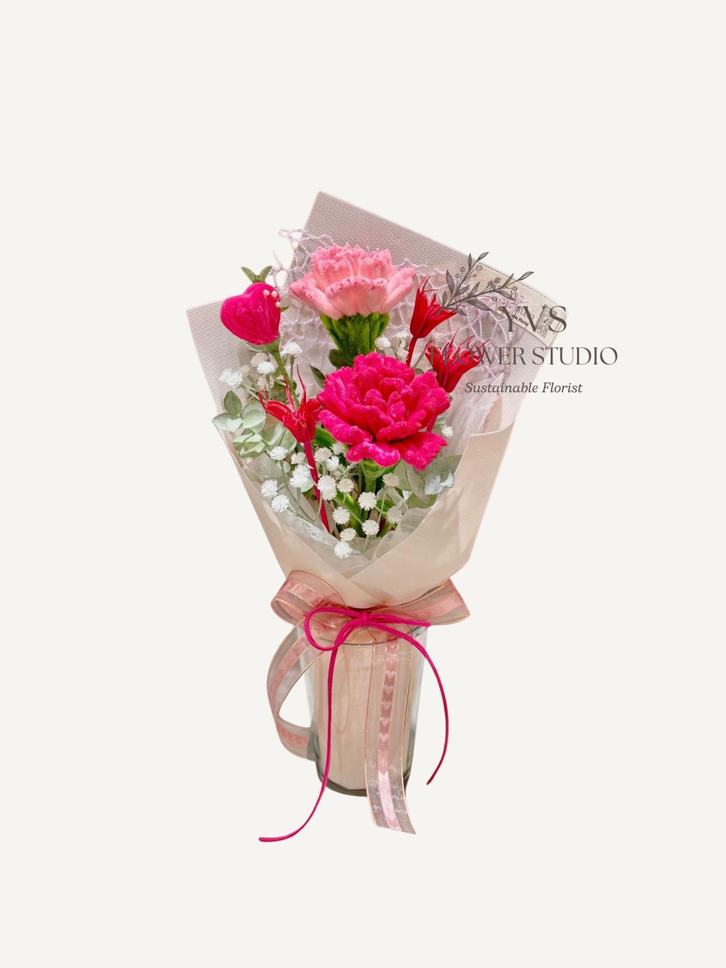 Handmade pipe cleaner pink carnation flowers bouquet