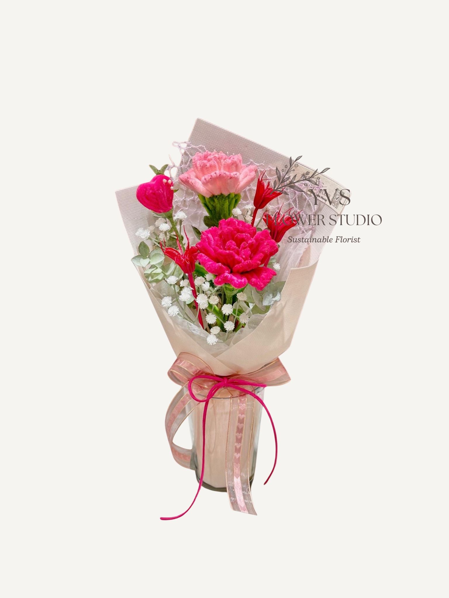 Handmade pipe cleaner pink carnation flowers bouquet