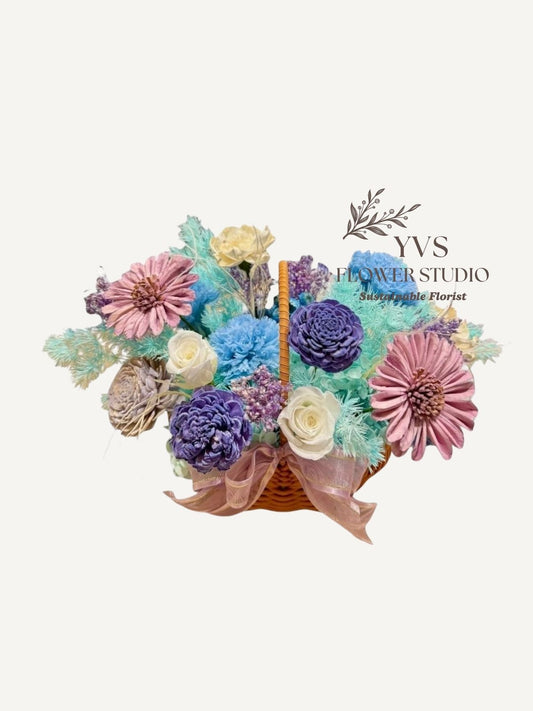 Vibrant colour theme preserved flowers basket