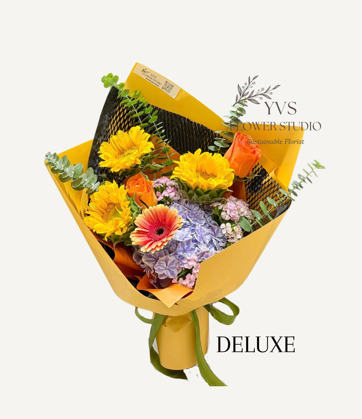 Deluxe Fresh lilac hydrangea bouquet with yellow and orange theme flowers