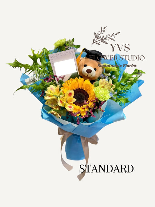 Graduation Bouquet with bear and sunflower.