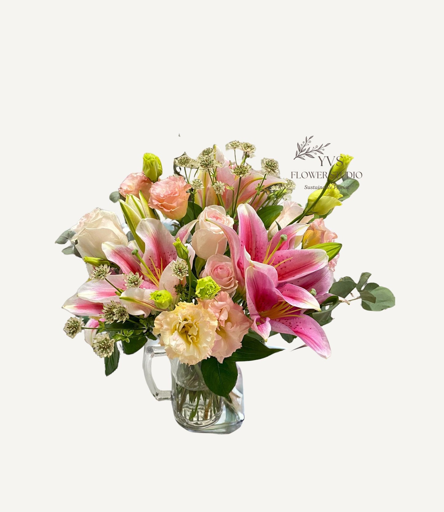 lilies, roses and eustomas  fresh flowers vase arrangement 