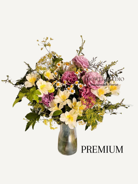 Omakase Vase arrangement with purple and cream flowers