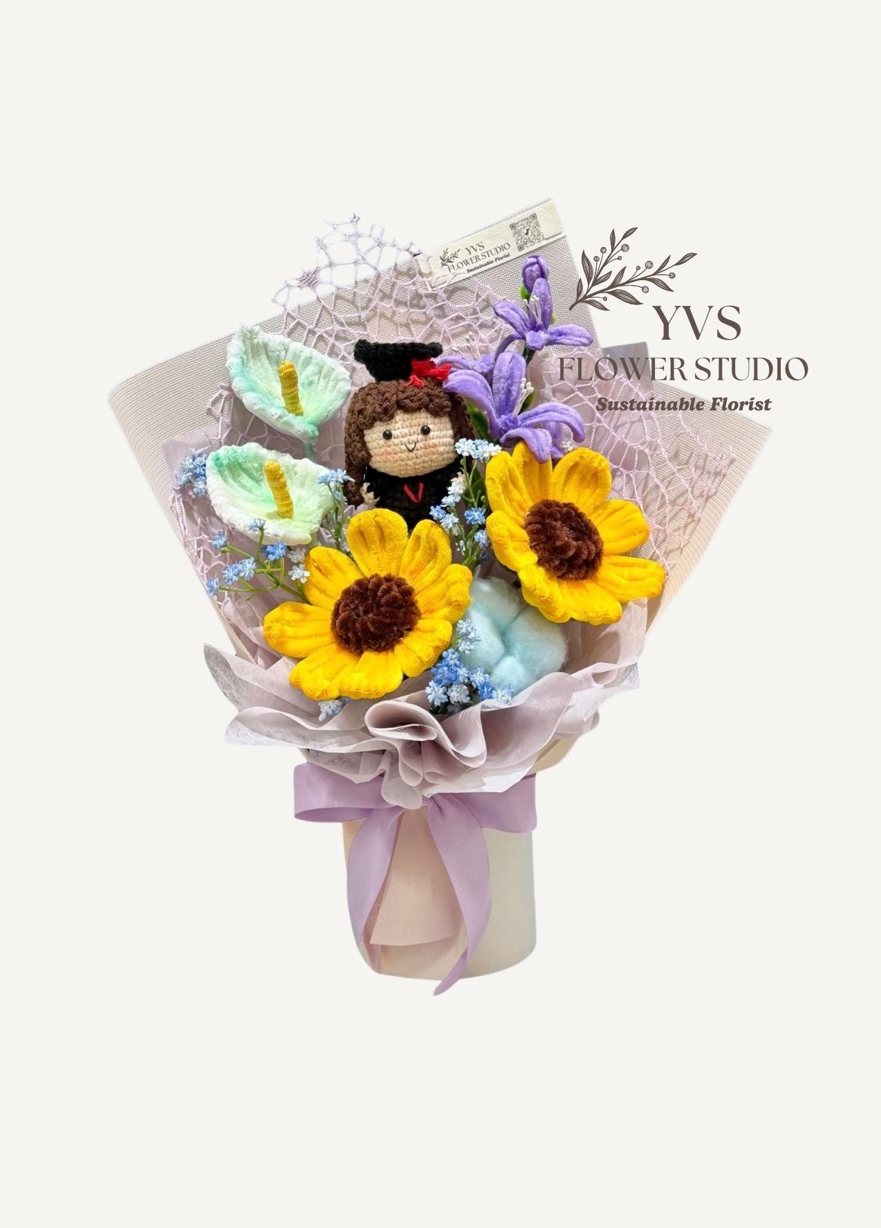Graduation bouquet with crochet girl figurine and pipe cleaners flowers