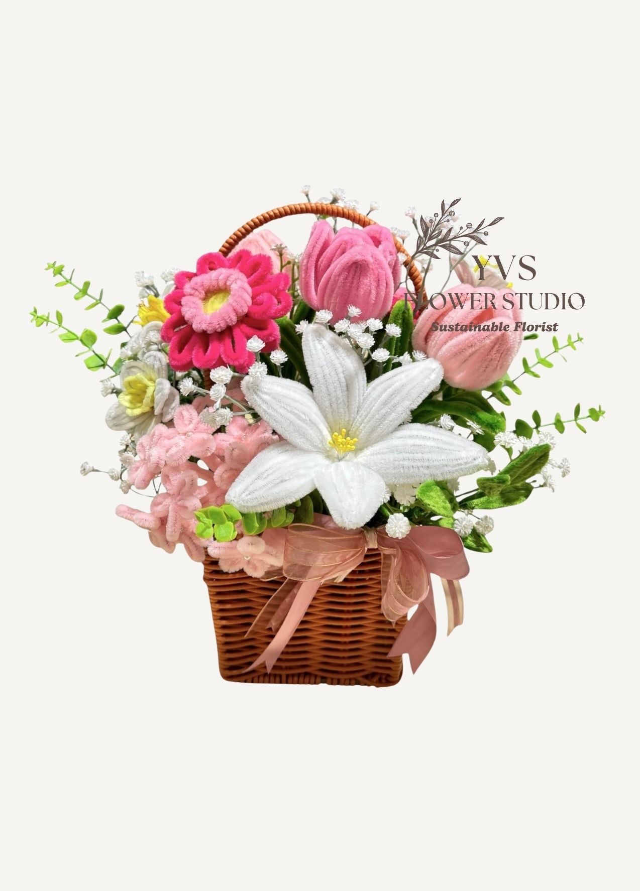 Romantic Pink Pipe Cleaners faux flowers basket