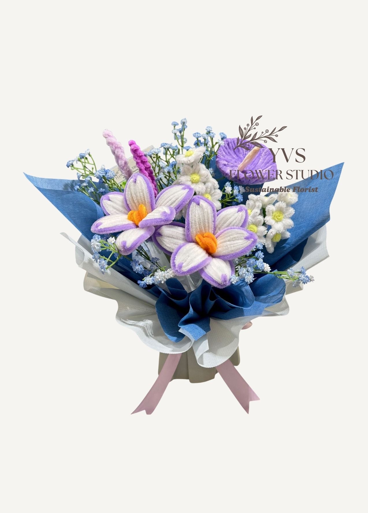Purple theme pipe cleaner faux flowers bouquet