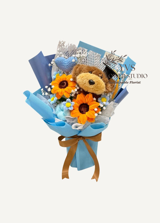 Graduation Bear with Handmade Flowers Bouquet