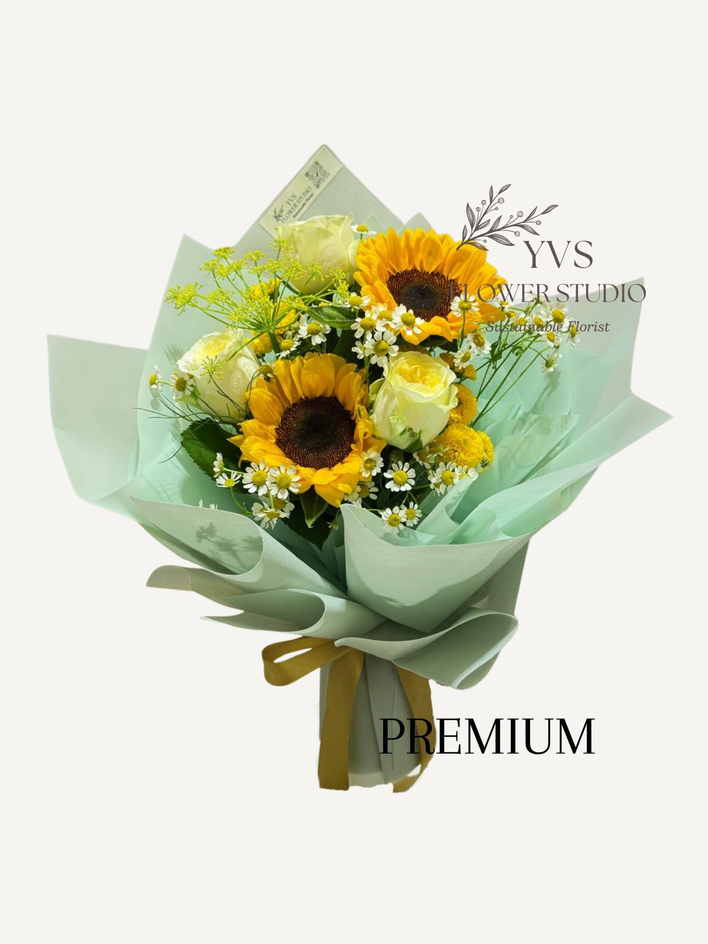 Premium fresh 2 sunflowers bouquet with mixed flowers and foliages 