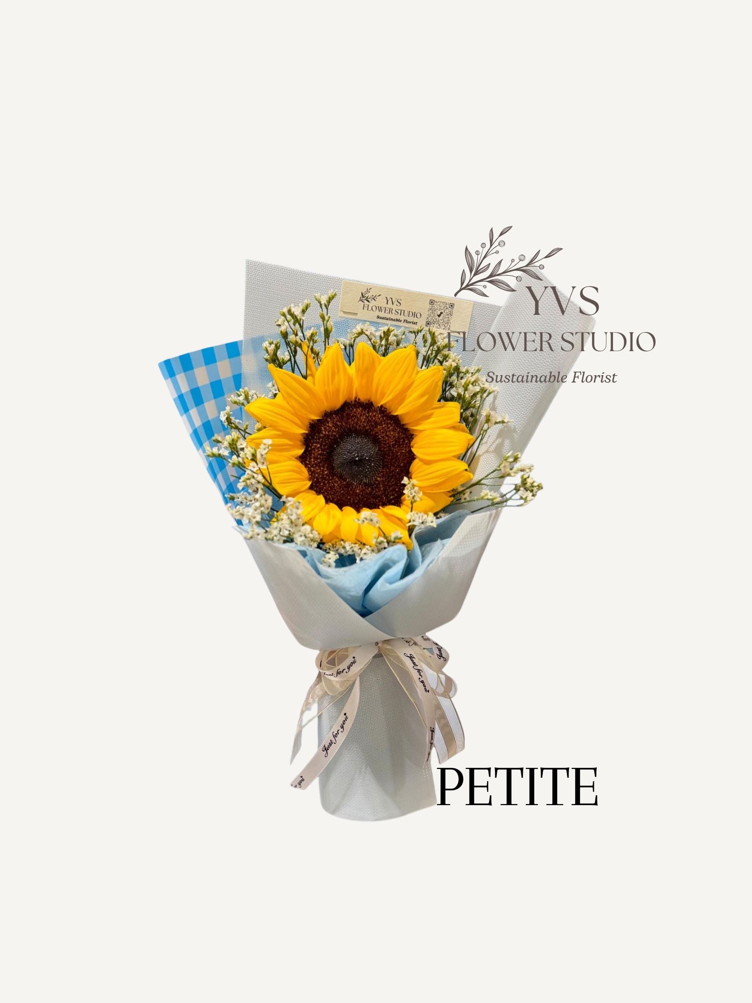 petite single stalk sunflower bouquet with blue wrapper