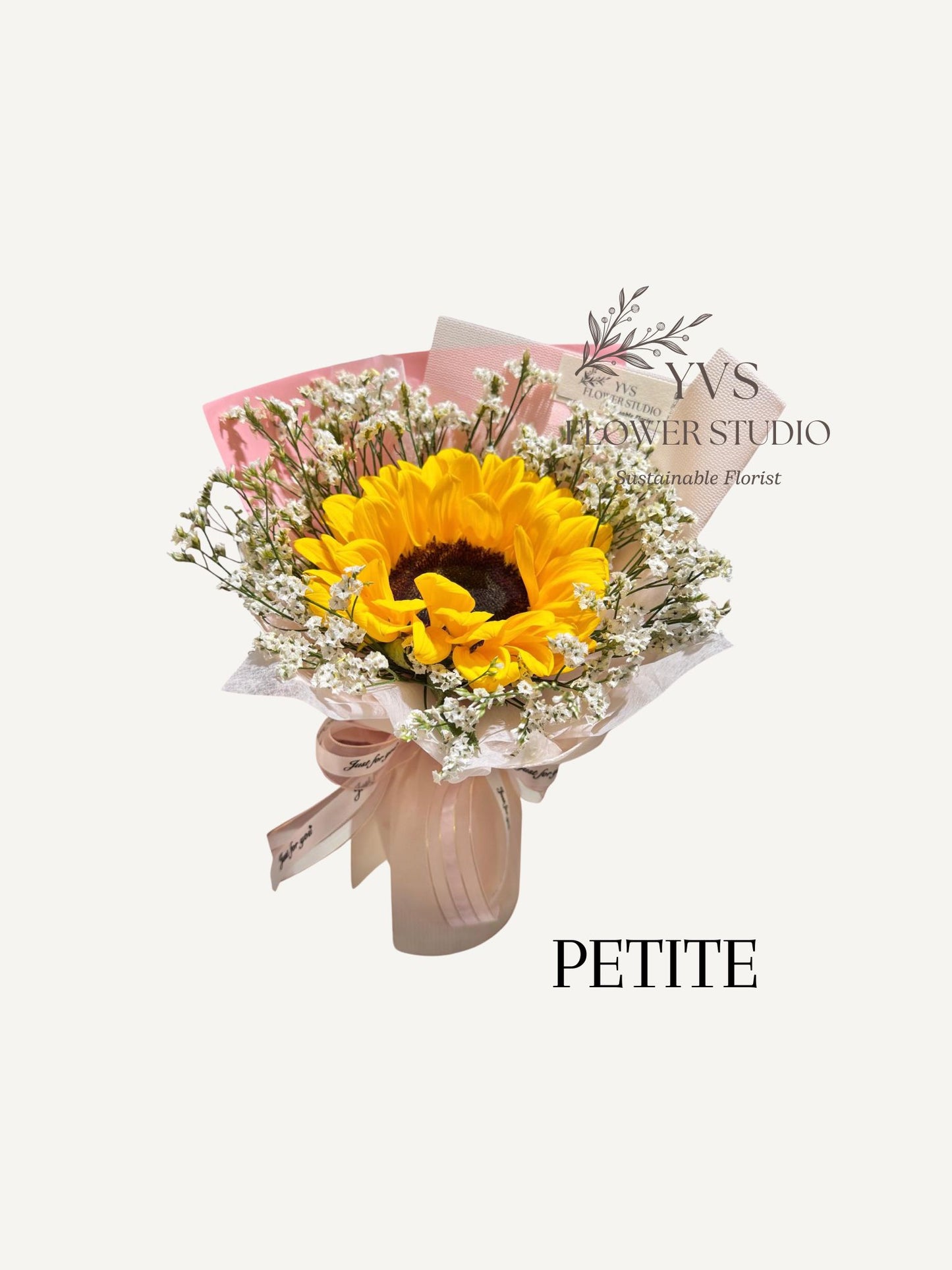 petite single stalk sunflower bouquet with pink wrapper