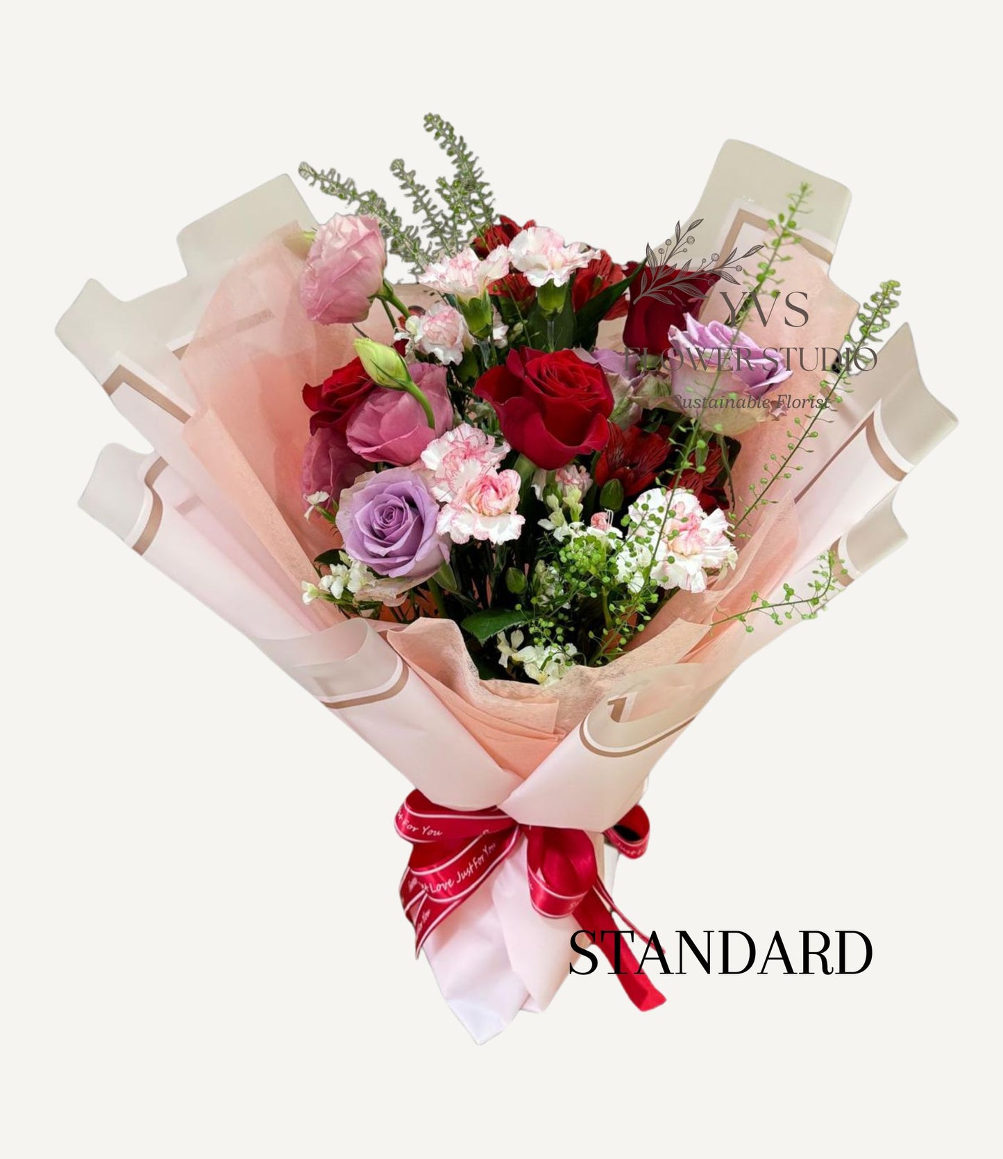 Premium red and lilac roses bouquet with florist's choice fillers