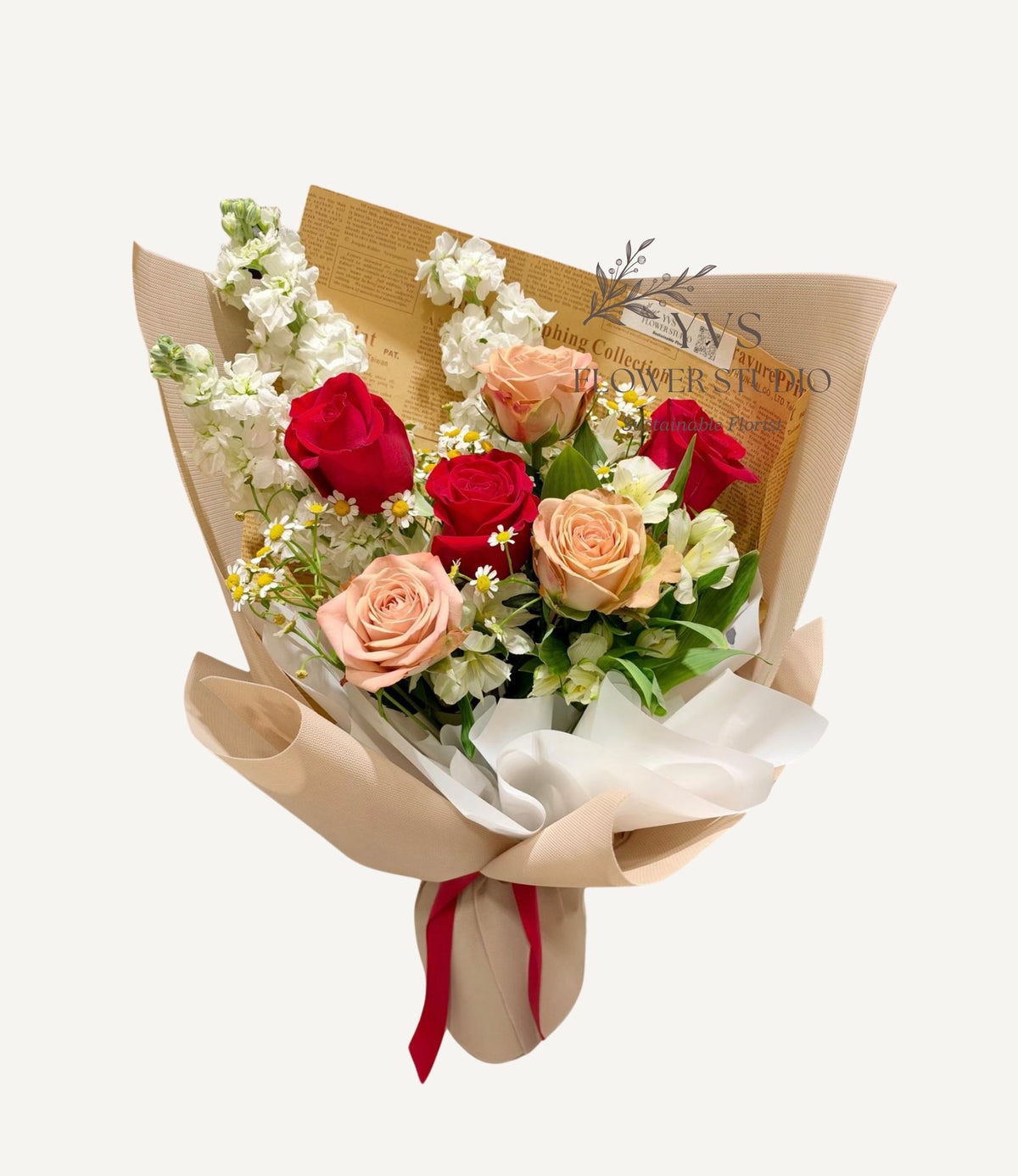 Classic red and cappuccino roses bouquet with white flowers 