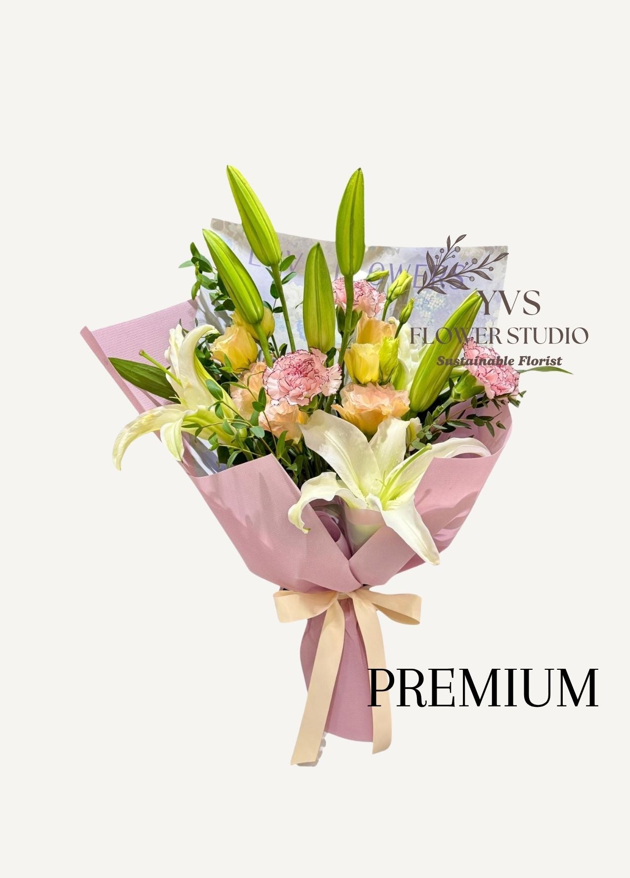 White lilies with pink flowers theme bouquet